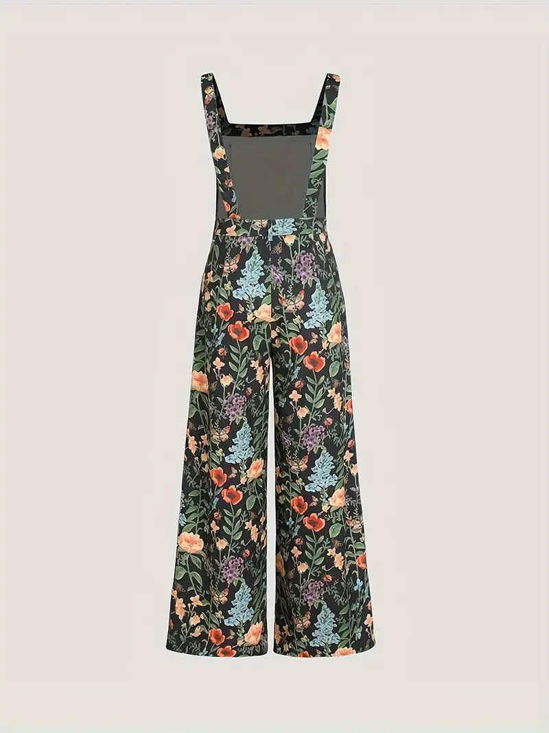 Floral & Butterfly Print Jumpsuit with Casual Button Detail, Perfect for Spring & Summer, Women's Fashion