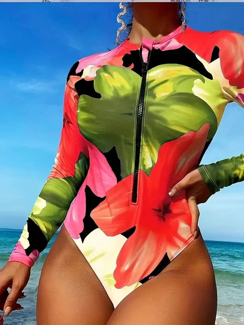 Floral Patterned Zippered Long Sleeve Rashguard, Stretchy High-Neck High-Cut Surfing One-Piece Swimsuit for Women's Swimwear and Apparel