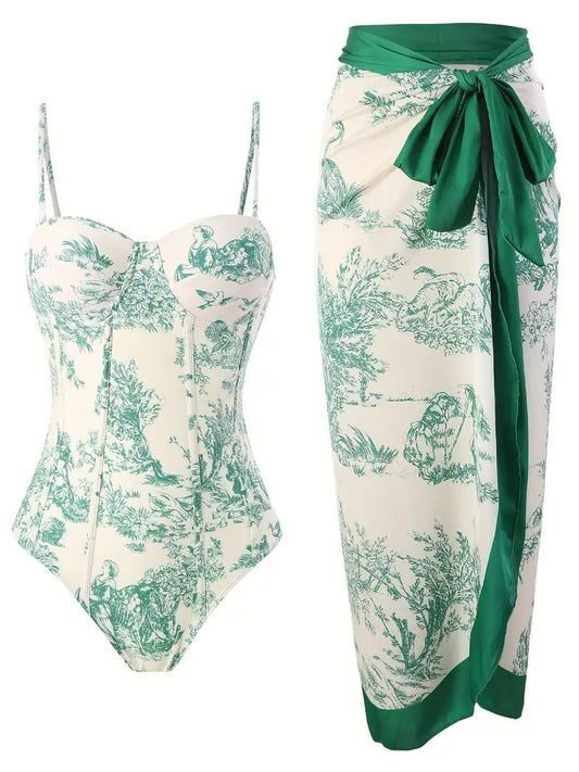 Vintage Drawing Print Medium Stretchy 2 Piece Swimsuit Set with Tummy Control One-piece and Elegant Tie Side Cover Up Skirt