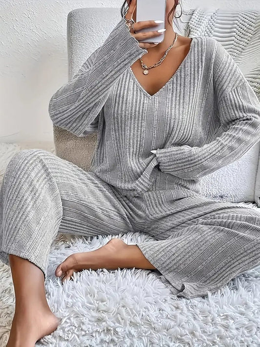 Solid Two-piece Casual Set, Women's Long Sleeve Top & Long Pants Outfits