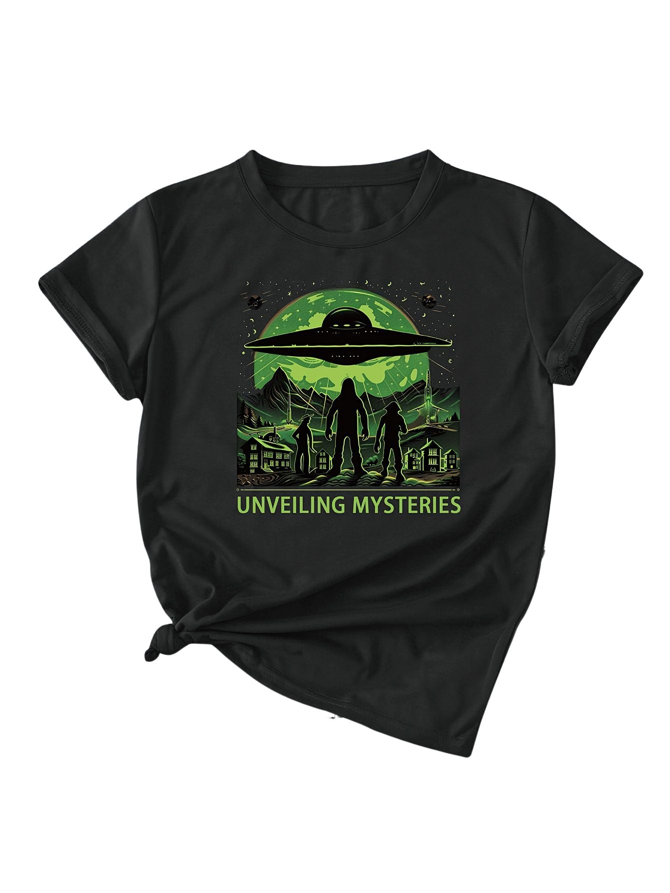Alien Print T-shirt, Short Sleeve Crew Neck Casual Top For Summer & Spring, Women's Clothing