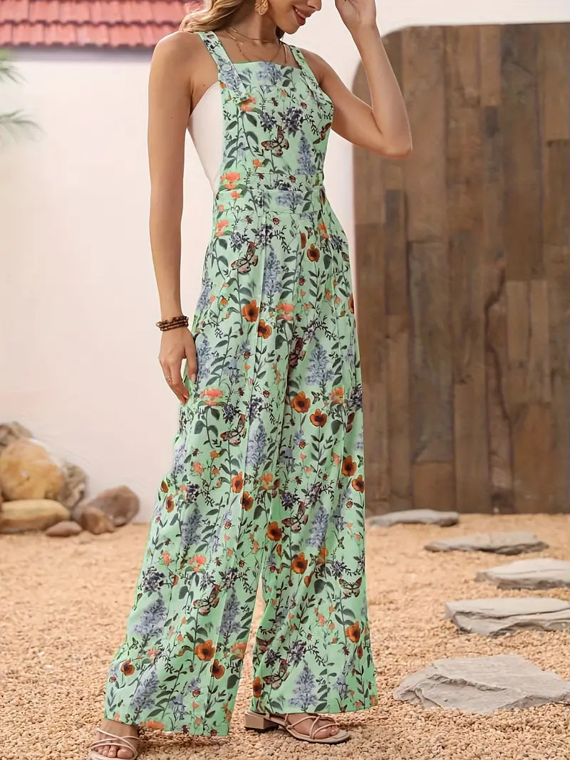 Floral & Butterfly Print Jumpsuit with Casual Button Detail, Perfect for Spring & Summer, Women's Fashion