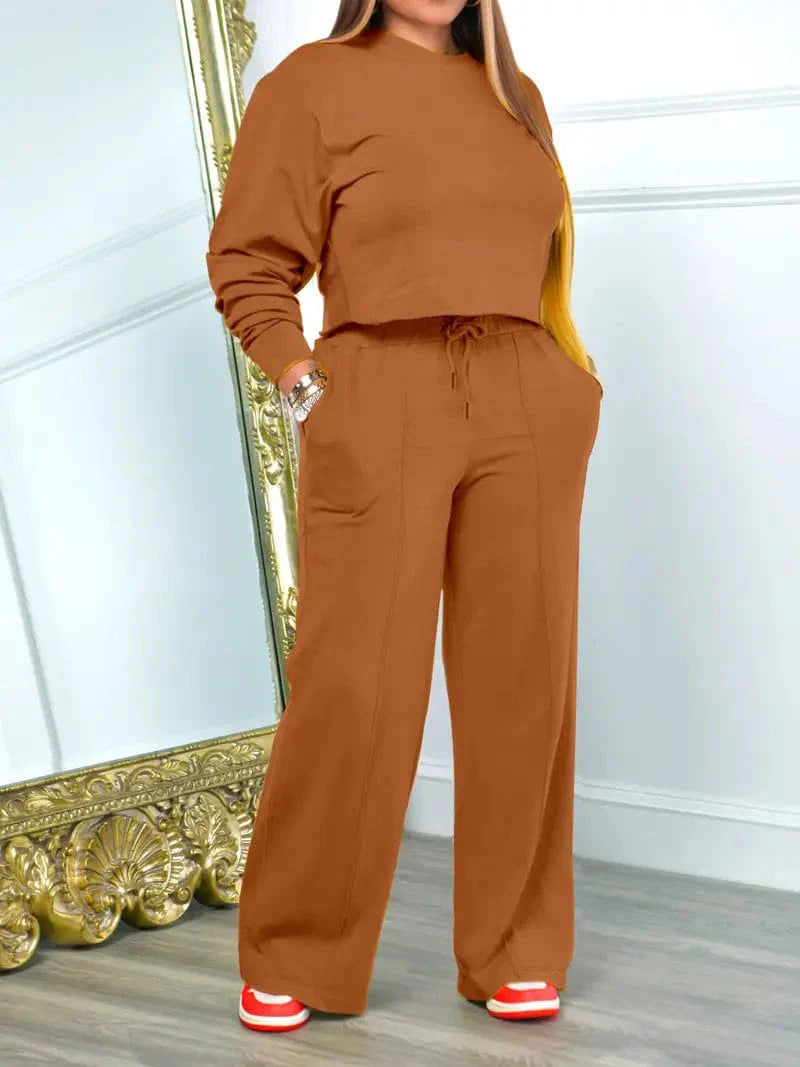Versatile Solid Co-ord Set with Long Sleeve Crew Neck Top & Drawstring Straight Leg Pants, Women's Outfit