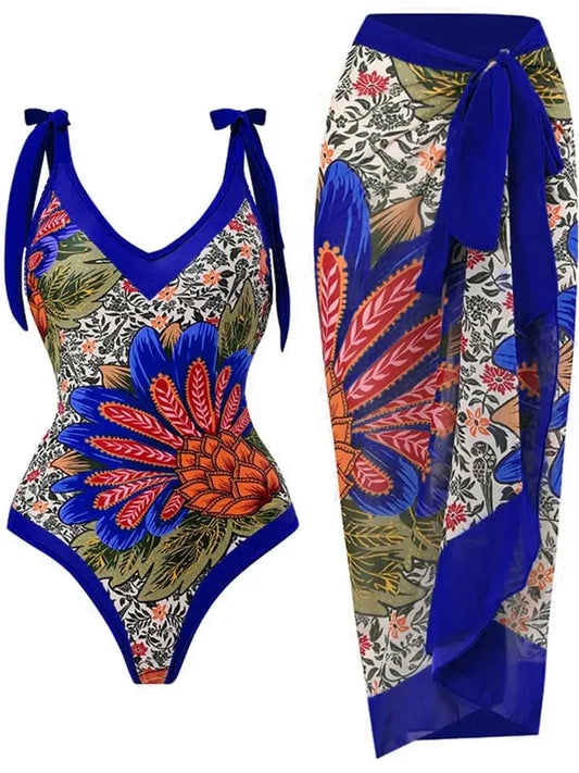 Floral Print Tie Shoulder One Piece Swimsuit Set with Maxi Cover Up - Deep V Neck Elegant Swimwear & Attire