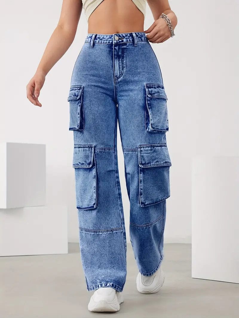 Sky Blue Cargo Pants with High Waisted Loose Fit Legs for Women