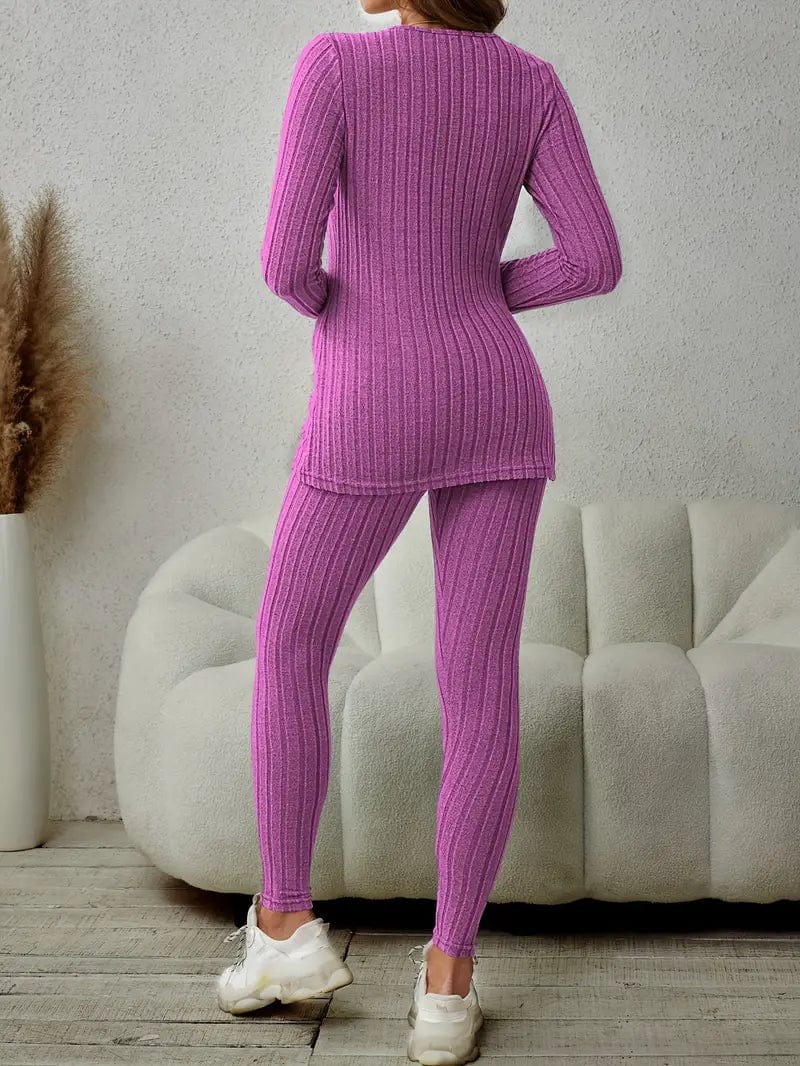 Ribbed Knit Two-Piece Set with V-Neck Top and Slim Pants for Women