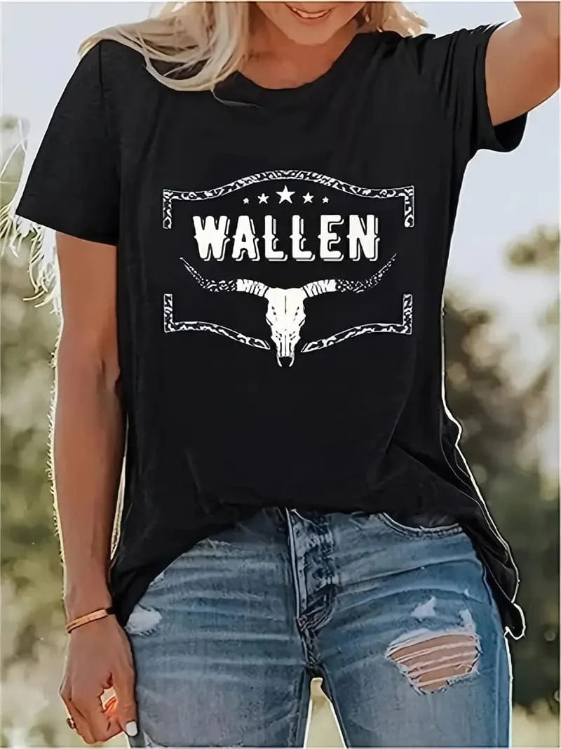 Western Cow Print Crew Neck T-Shirt, Women's Casual Top for All Seasons