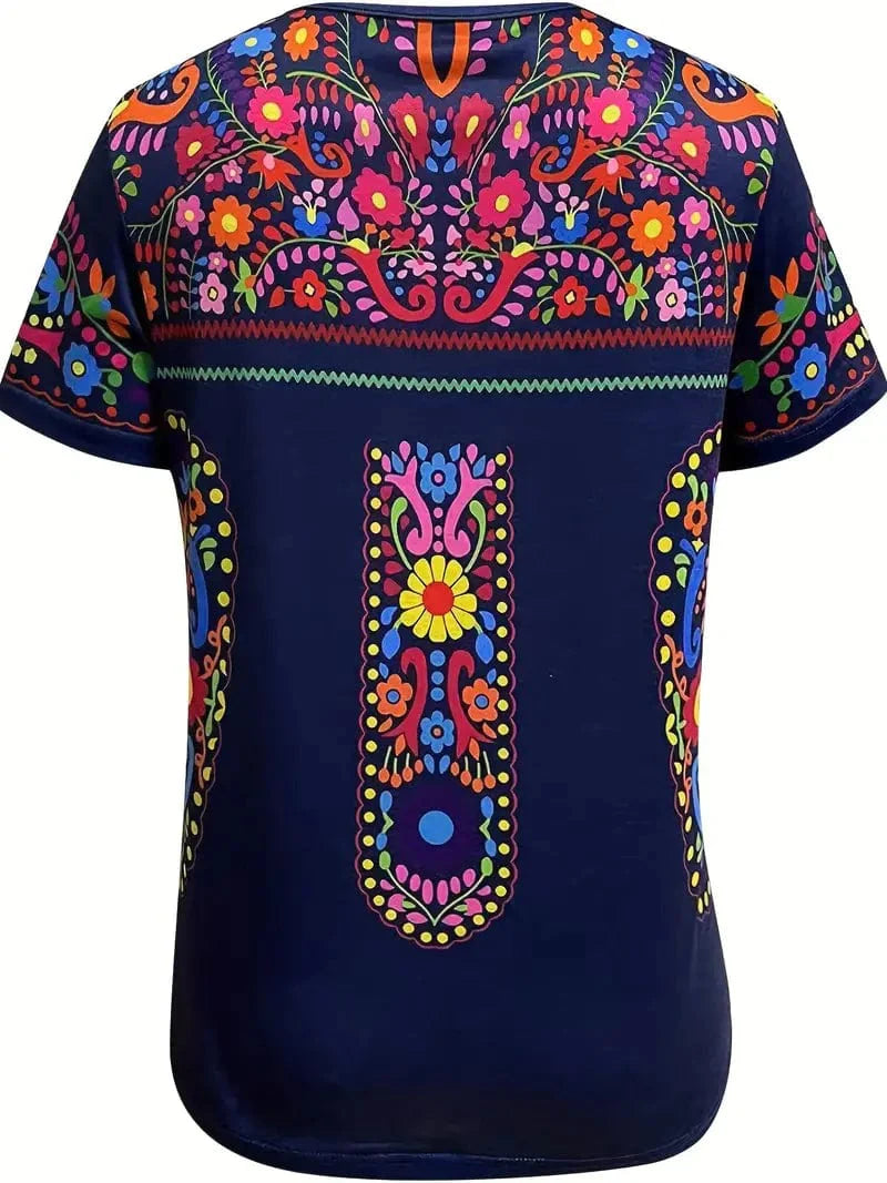 Floral Print Ethnic T-shirt, Short Sleeve Boho Crew Neck Summer Tee for Women
