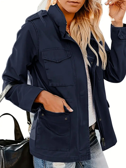 Cozy Zip-Up Stand Collar Jacket with Multiple Pockets - Women's Stylish Outerwear