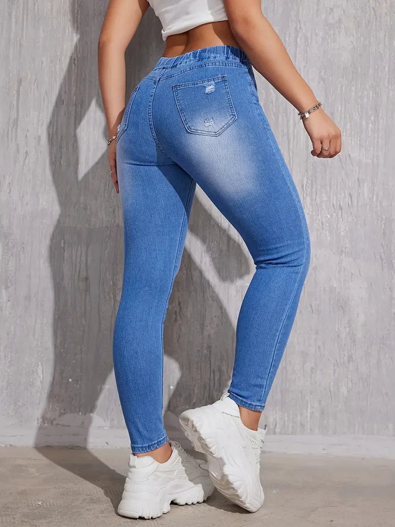 Slim Fit Drawstring Denim Jeans with Elastic Waist for Women