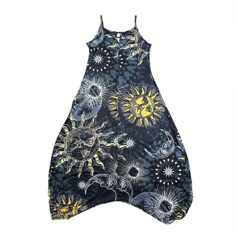 Sun & Moon Print Overall Romper, Trendy Sleeveless Jumpsuit Ideal for Spring & Summer, Women's Fashion