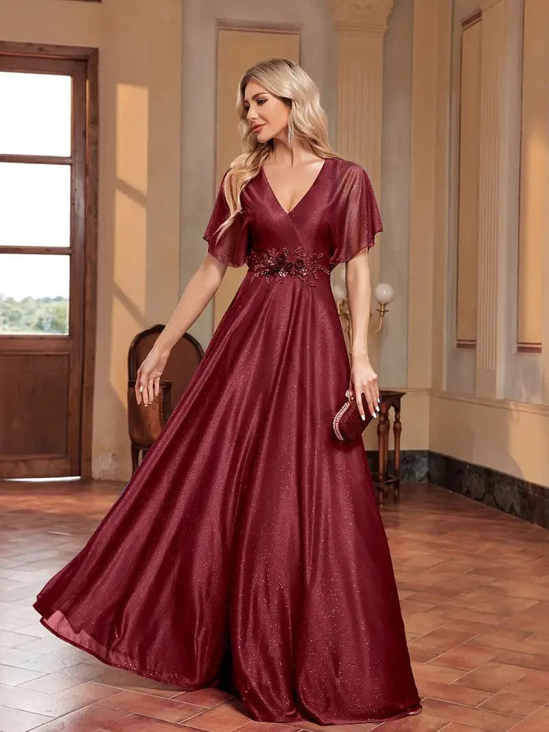 Flutter Sleeve V-neck Bridesmaid Dress with Floral Details, Women's Wedding Party Gown