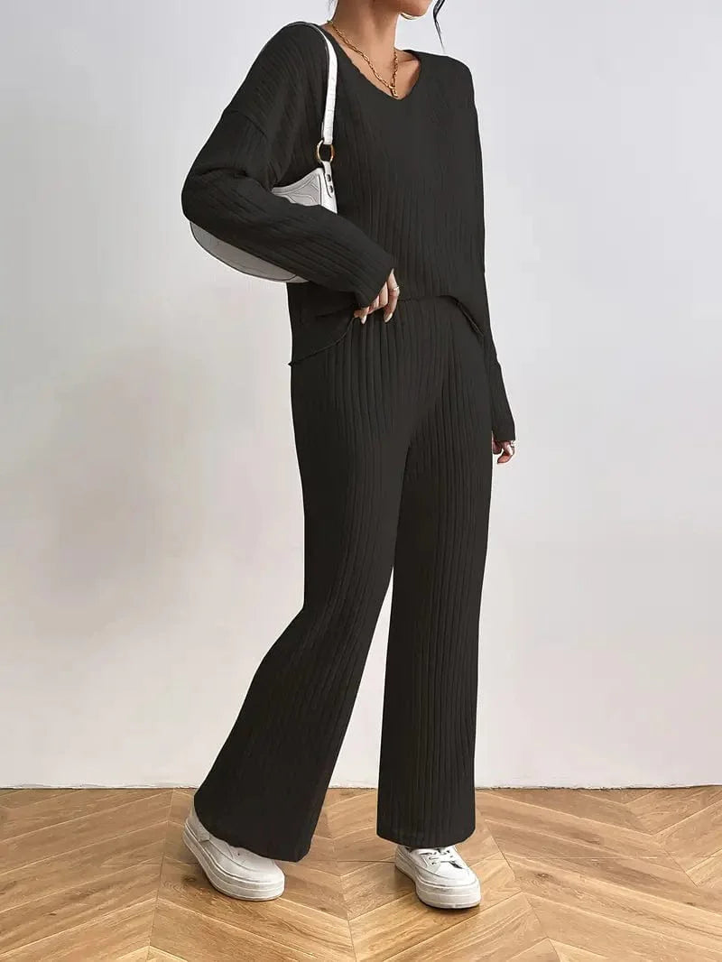 Solid Ribbed Knit V Neck Top and Wide Leg Pants Set for Women