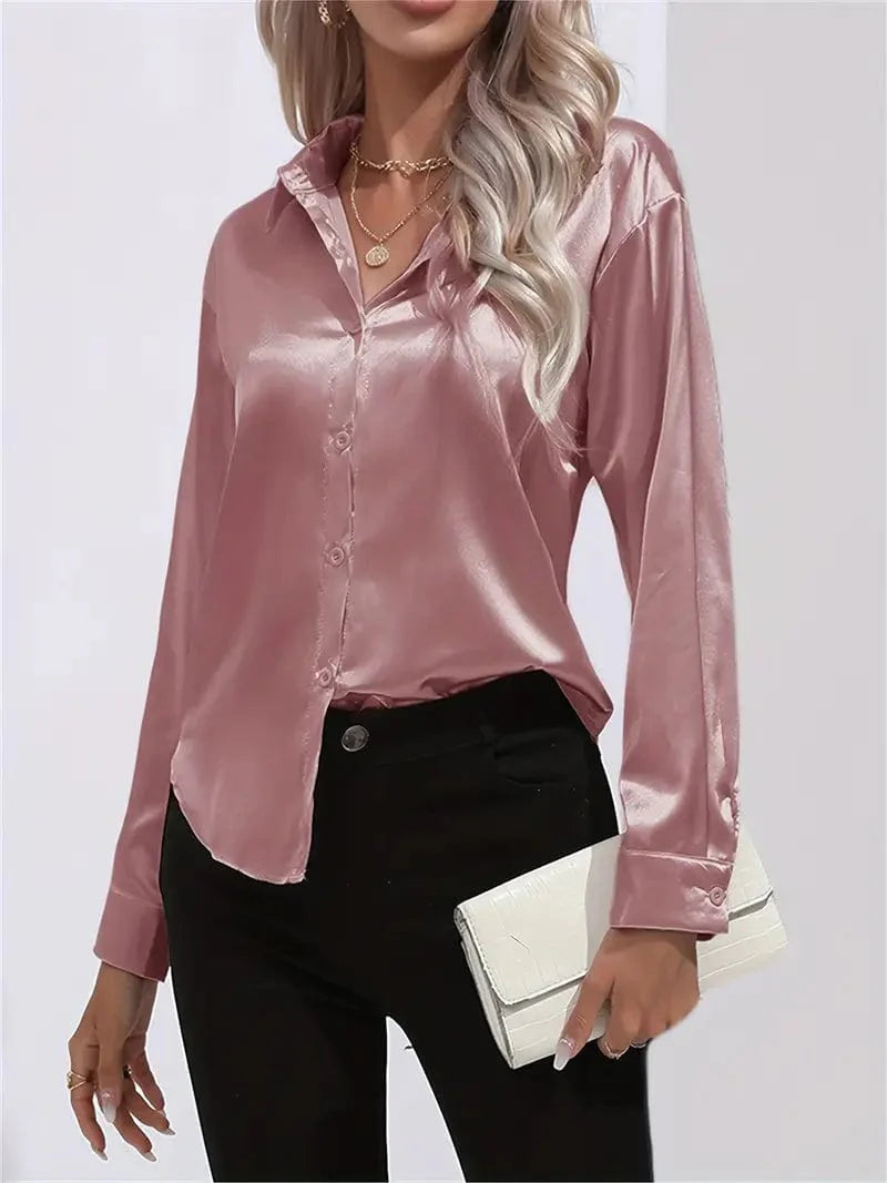 Smooth Solid Long Sleeve Shirt with Button Front and Turn Down Collar, Women's Clothing