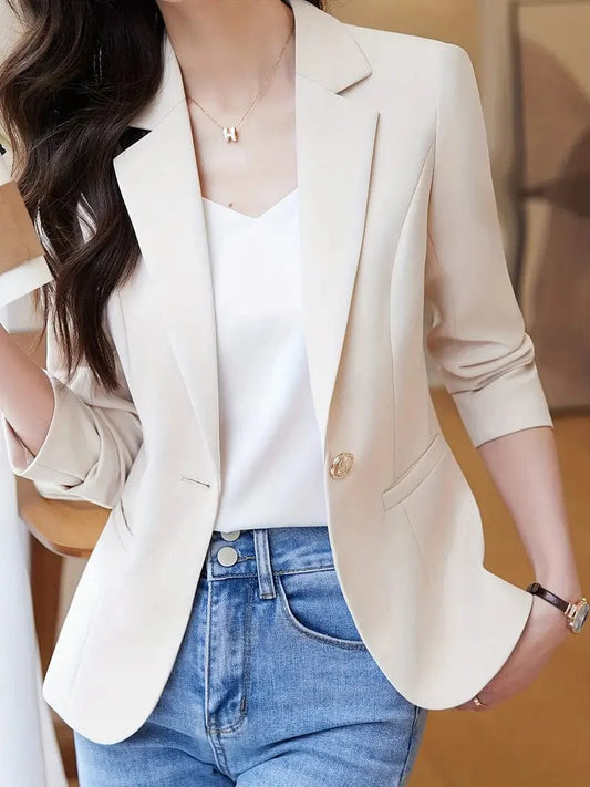 Ladies' Solid Button-Up Blazer with Long Sleeves, Casual Lapel Design