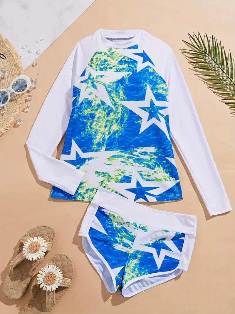 Ocean Star Patchwork Swimsuit Set with Crew Neck and High Stretch Sun Protection - Ideal for Water Sports, Surfing, Rush Guard - Women's Swimwear & Apparel