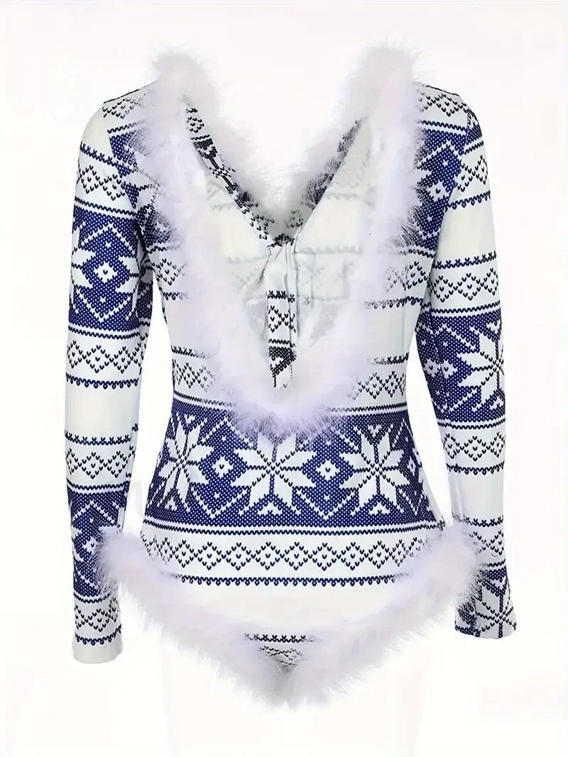 Snowflake Print Romper Jumpsuit with Faux Fur Detail for Festive Season