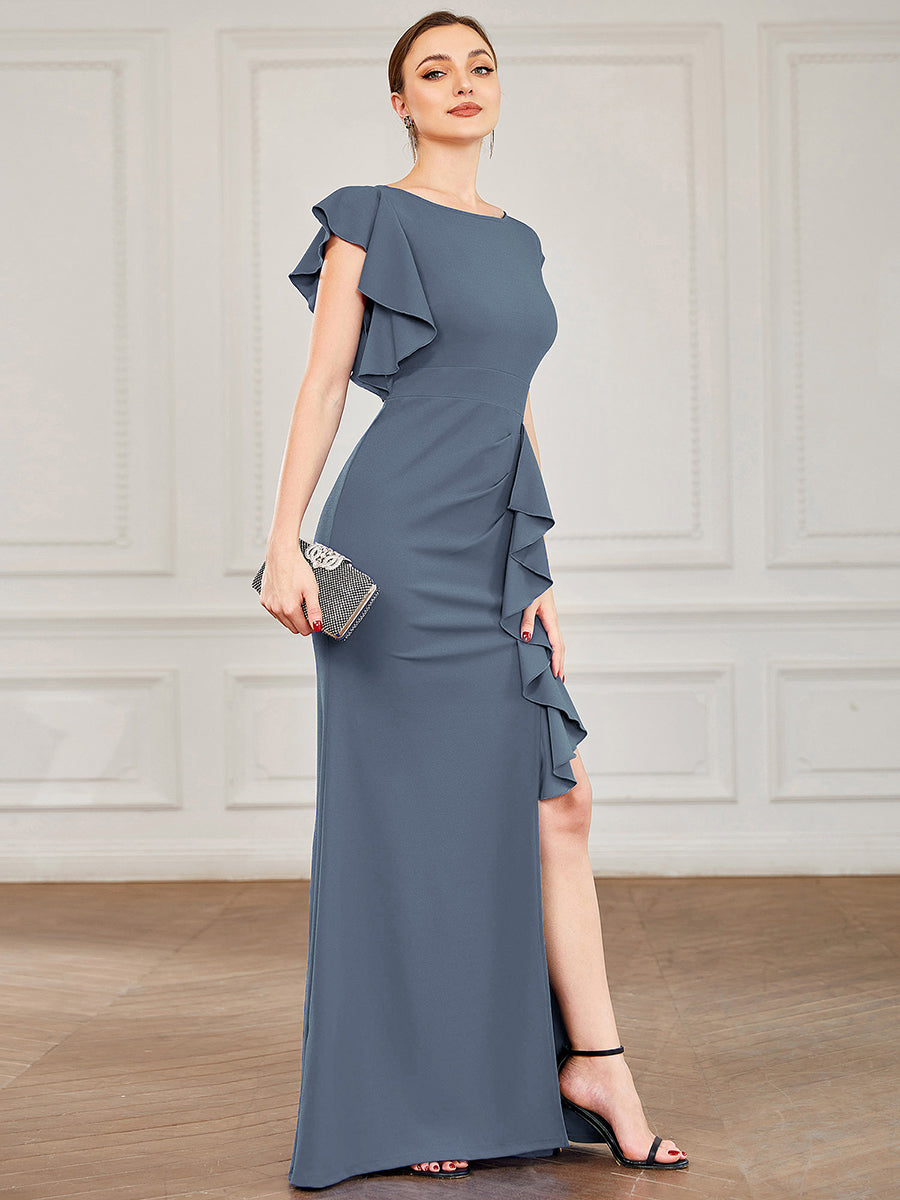 U Neck A Line Split Wholesale Evening Dresses with Cover Sleeves