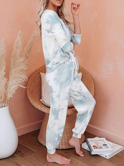 Comfortable Tie-dye Loungewear Set with Elastic Pajamas and T-shirt