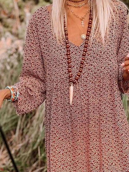 Casual Print Knee Long Sleeve Tunic Dresses