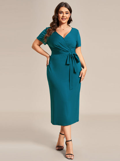 Stylish Belted Deep V Neck Plus Size Cocktail Dress