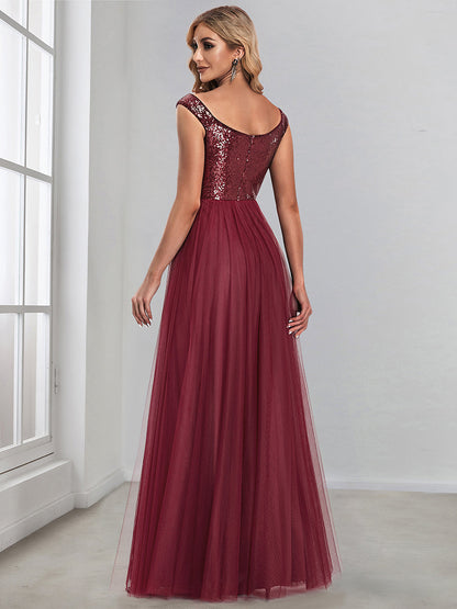 Wholesale Off Shoulder Tulle & Sequin Sleeveless Evening Dress