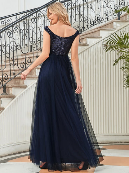 Wholesale High Waist Tulle & Sequin Sleeveless Evening Dress
