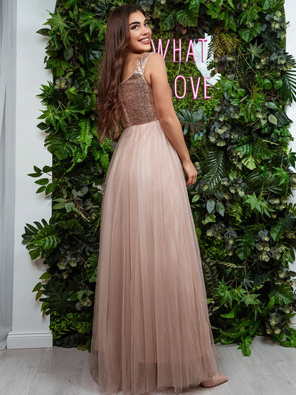 Elegant V Neck Sequin & Tulle Evening Gown with High Waist