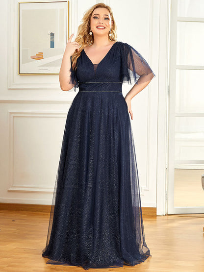 Plus Size Wholesale Tulle Evening Dress with Deep V Neck