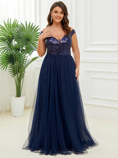Plus Size Wholesale High Waist Tulle & Sequin Sleeveless Evening Dress