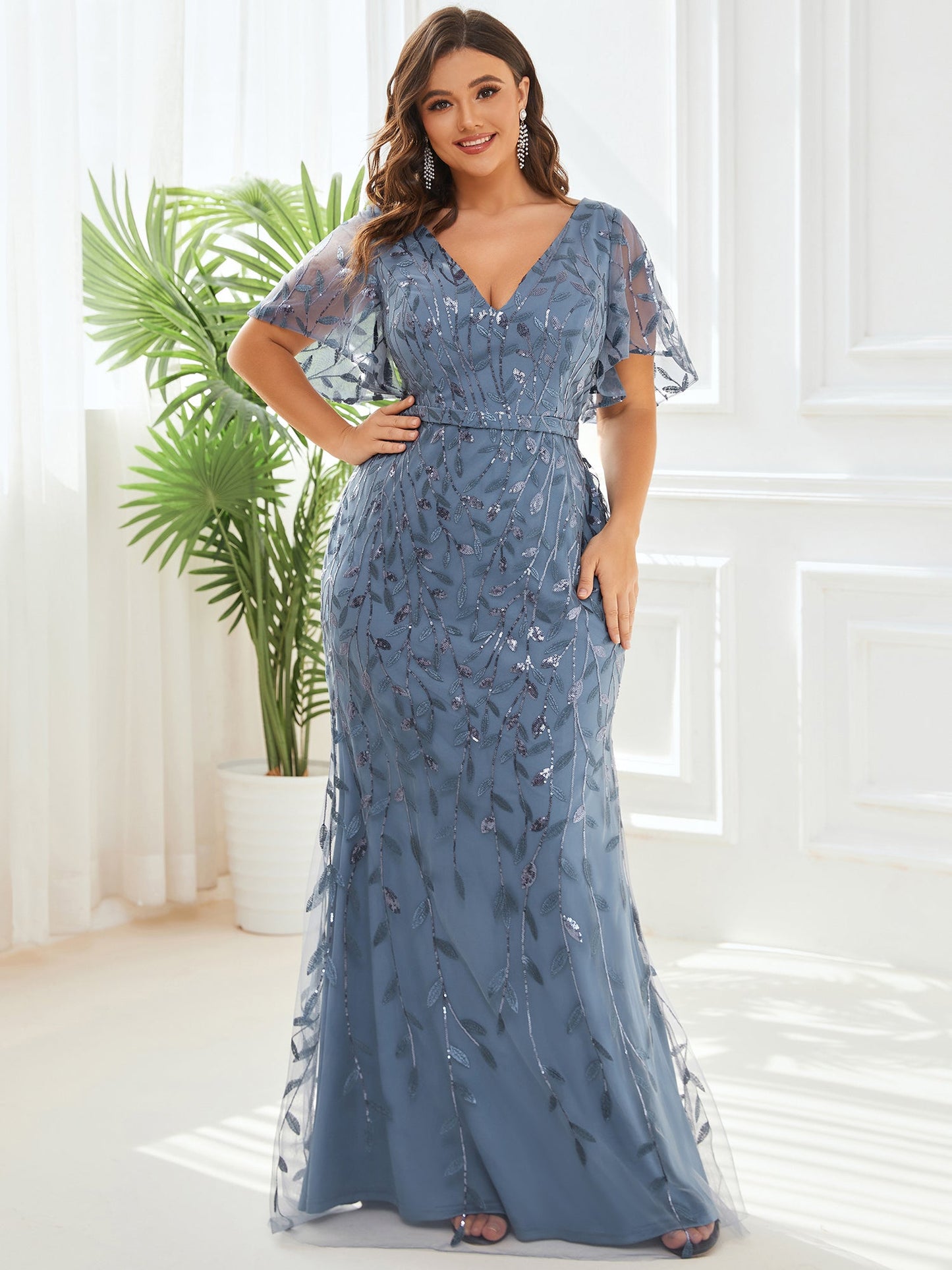 Gorgeous V Neck Leaf-Sequined Fishtail Wholesale Evening Dress