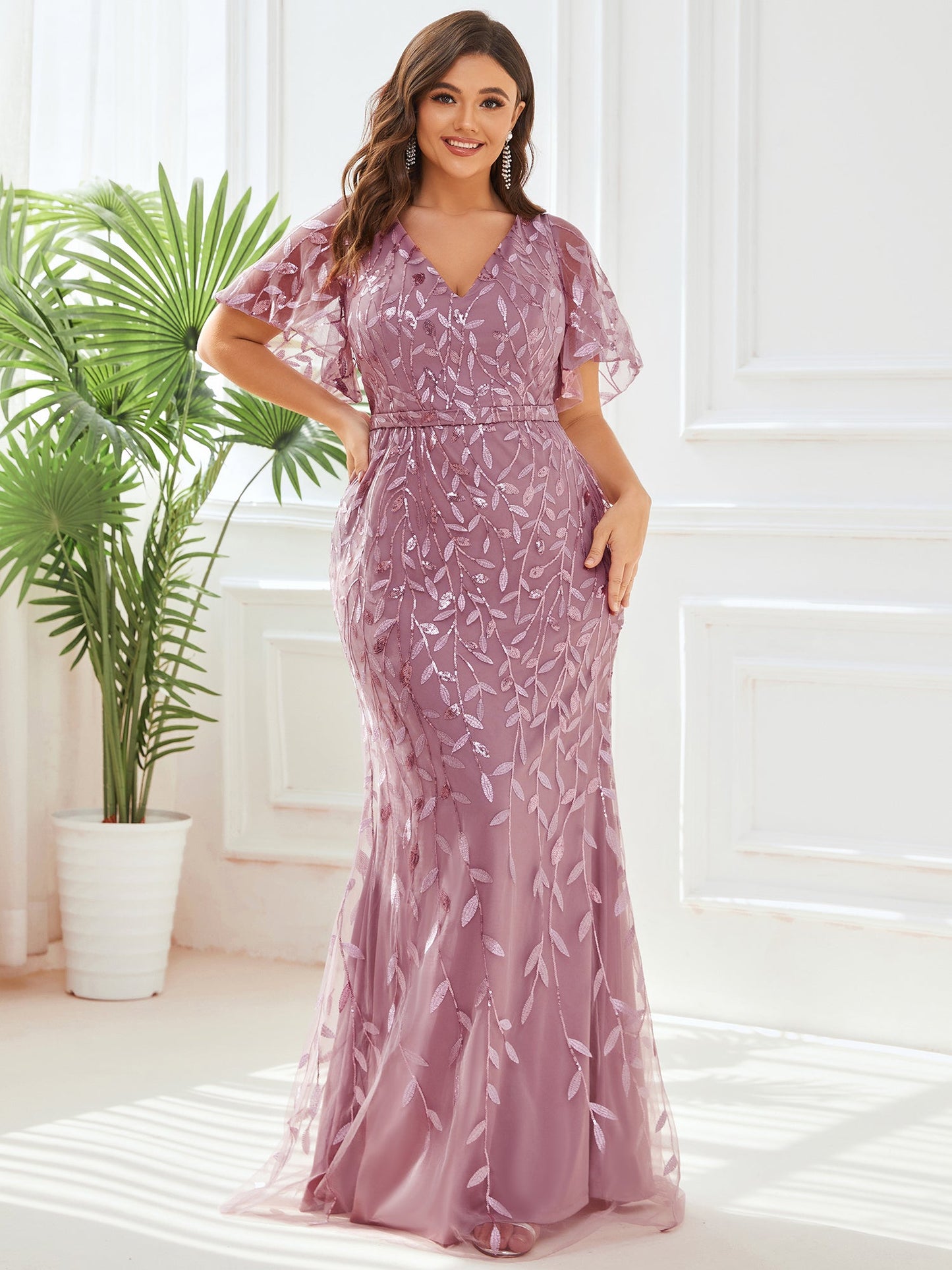 Gorgeous V Neck Leaf-Sequined Fishtail Wholesale Evening Dress