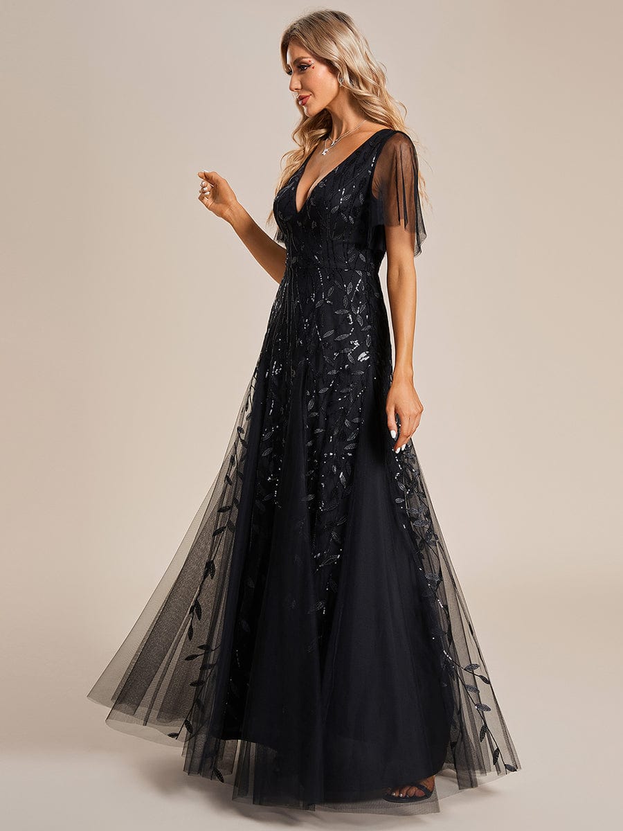 Formal Dress - Shimmery V Neck Ruffle Sleeves Sequin Maxi Long Evening Dress - MsDressly