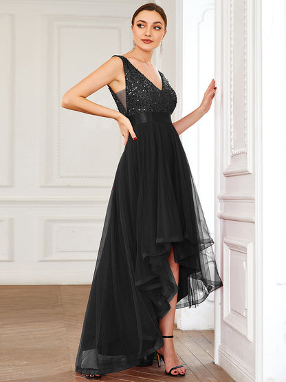 Elegant Evening Gowns with Deep V Neck and Sparkling Detail