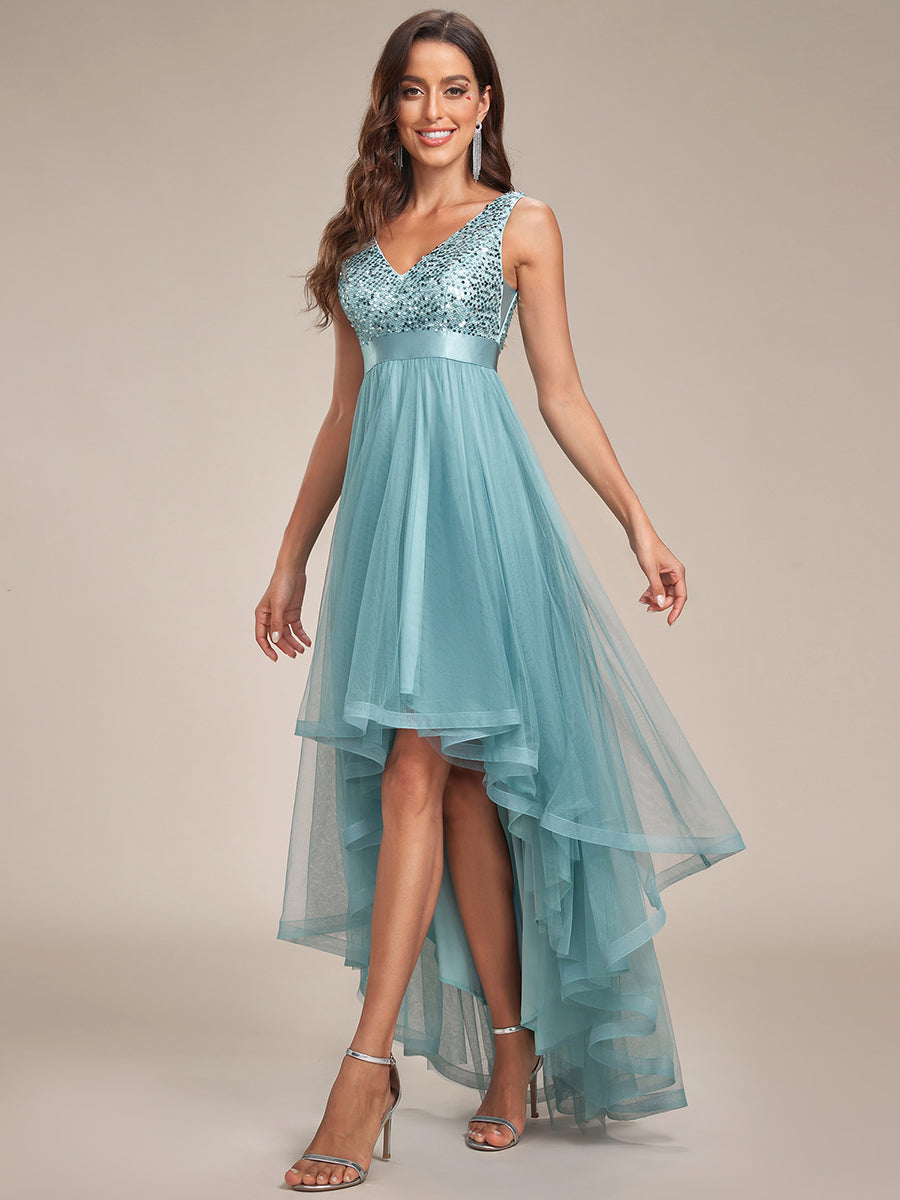 Elegant Evening Gowns with Deep V Neck and Sparkling Detail