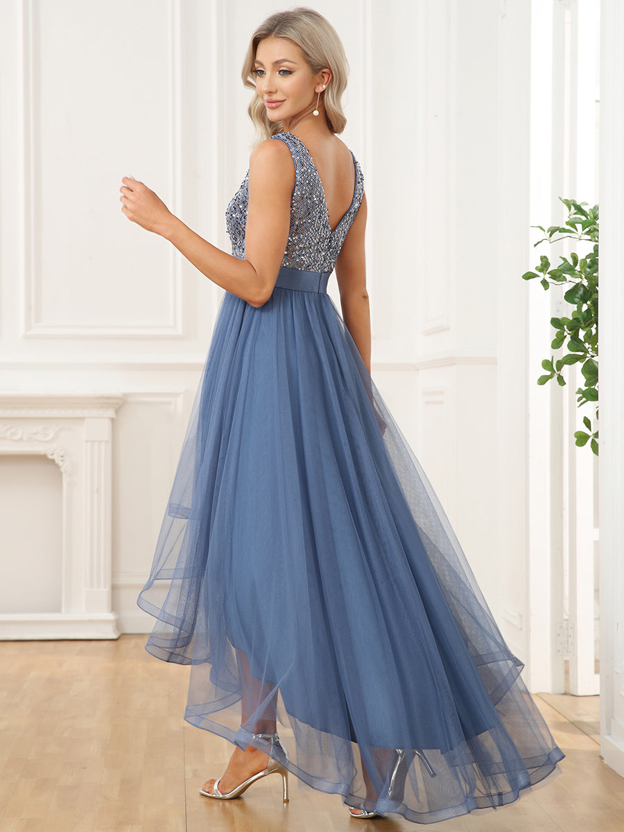 Elegant Evening Gowns with Deep V Neck and Sparkling Detail