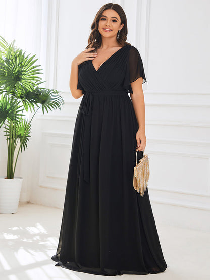 A Line Plus Size Wholesale Bridesmaid Dresses with Deep V Neck Ruffles Sleeves