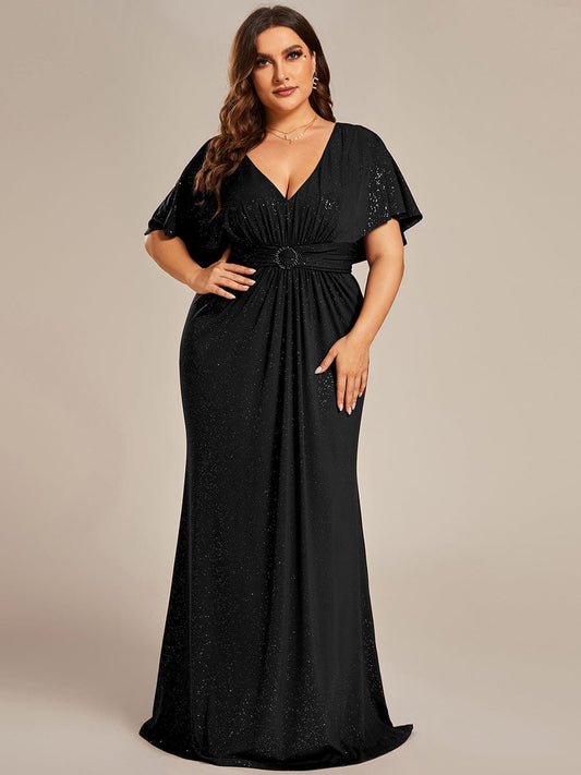 Glamorous Plus Size Mermaid Evening Gown with Glitter Bat-Wing Sleeves and Waist-Cinching Detail