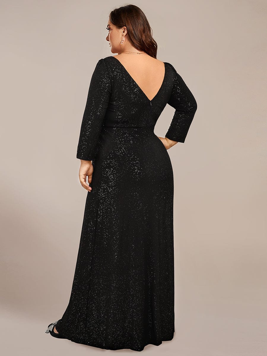 Shimmering Plus Size Sequin Evening Dress with Long Sleeves and V-Neck