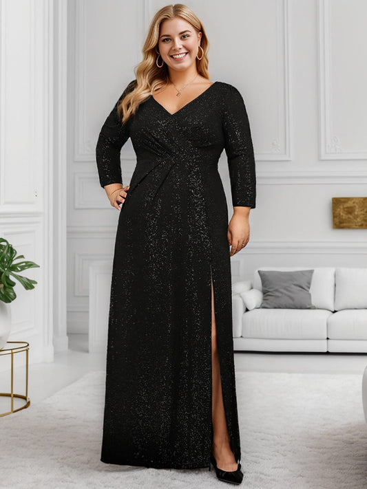 Shimmering Plus Size Sequin Evening Dress with Long Sleeves and V-Neck