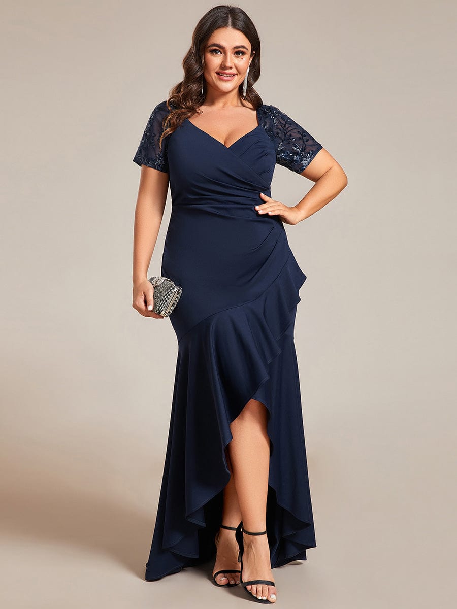 Glamorous V-Neck Sequin Sleeve Fishtail Evening Gown