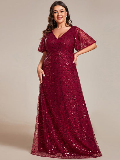 Sequin Embellished Plus Size Sheer Sleeve Evening Gown