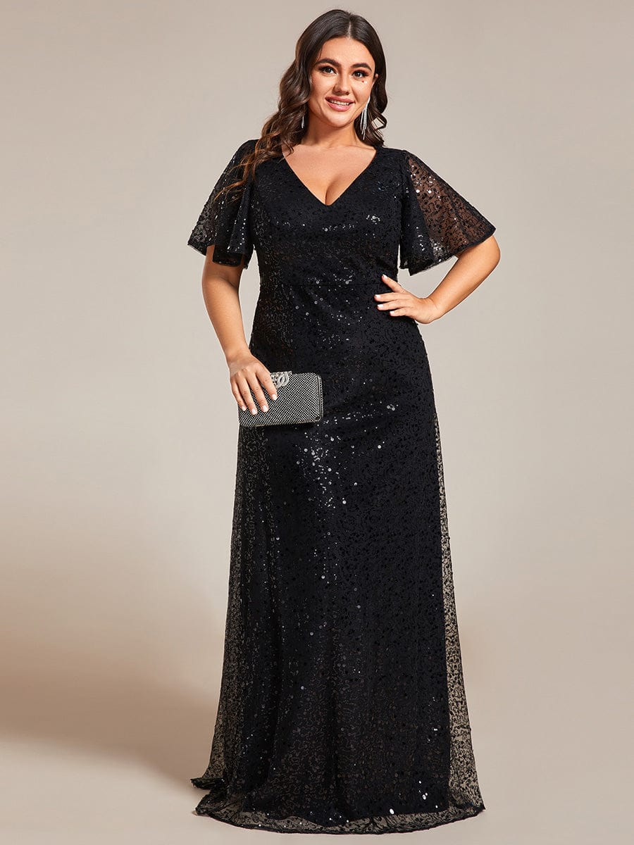 Sequin Embellished Plus Size Sheer Sleeve Evening Gown
