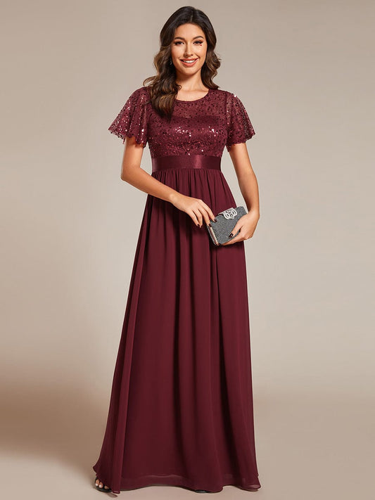 Shimmering High-Waisted Chiffon Evening Gown with Sequin Details
