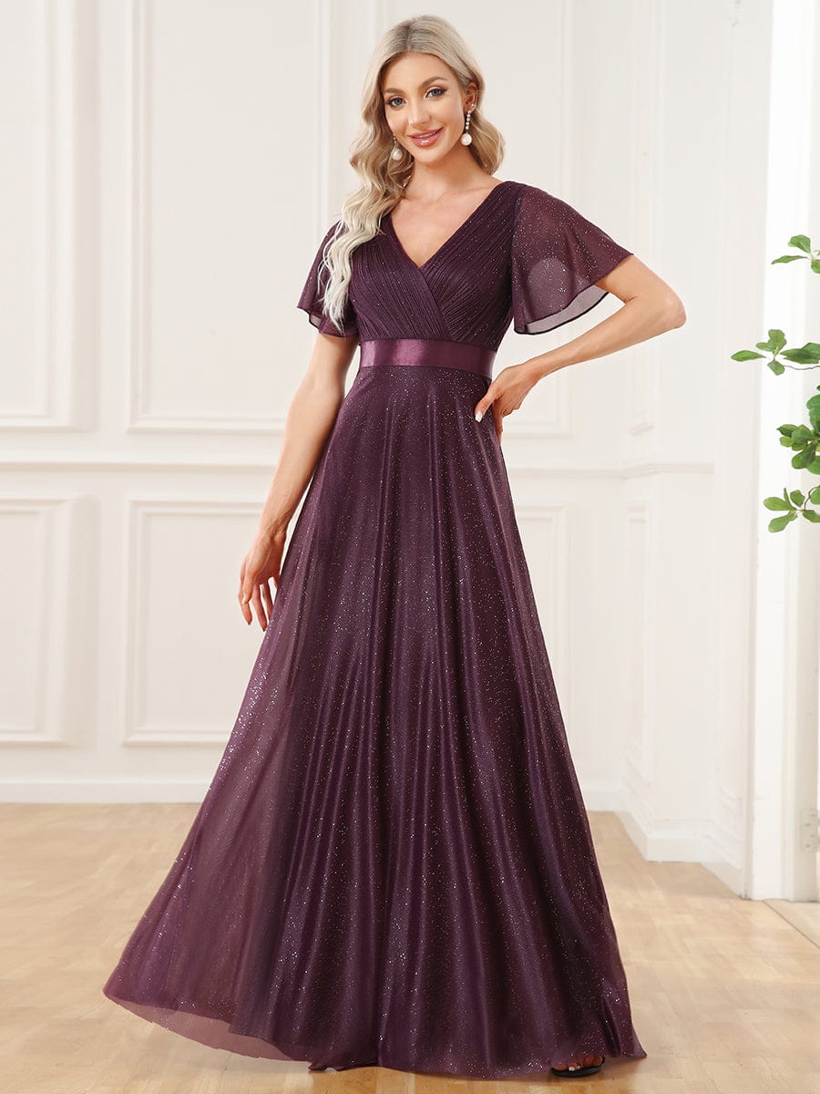 Moonlit V-Neck Ruffle Sleeved Evening Dress