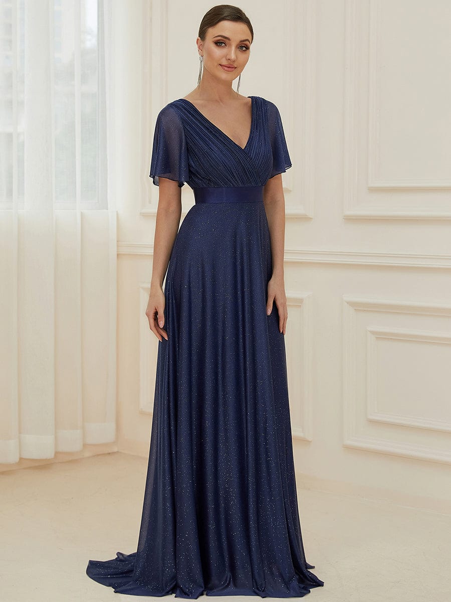 Moonlit V-Neck Ruffle Sleeved Evening Dress