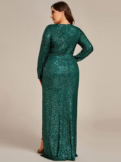Shimmering Sequin V-Neck Gown with Long Sleeves and Sultry Slit