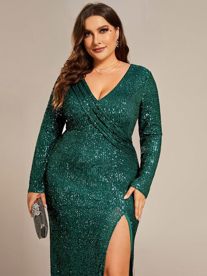 Sequin Glam Plus Size V-Neck Long Sleeve Bodycon Evening Gown with High Front Slit