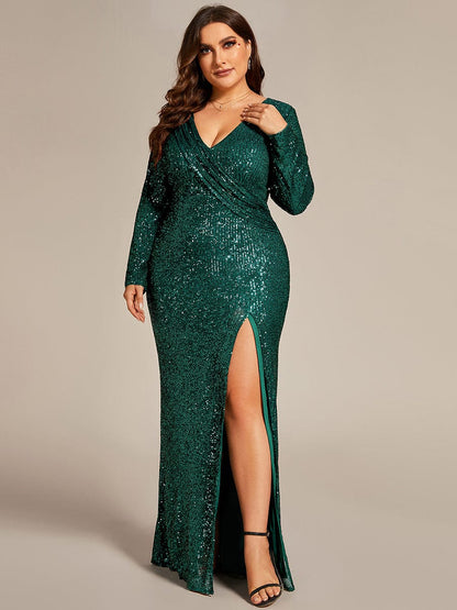 Sequin Glam Plus Size V-Neck Long Sleeve Bodycon Evening Gown with High Front Slit