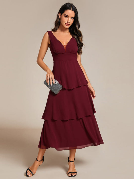 Elegant Layered Wedding Guest Dress in Chiffon A-Line Silhouette with V-Neck and Sleeveless Design
